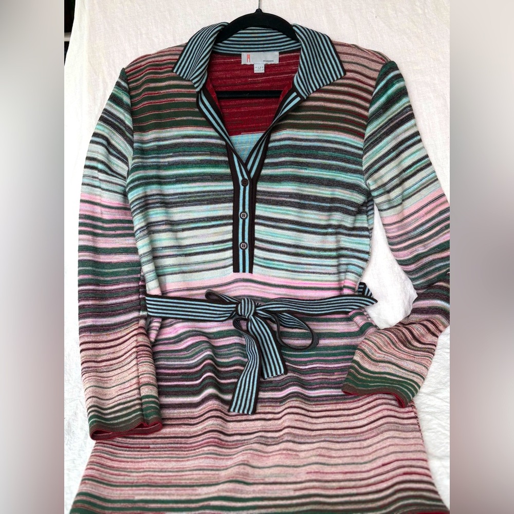 M Missoni Striped Long Sleeve Sweater Dress with Belt